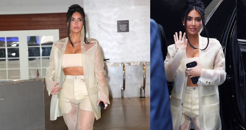 Kim Kardashian Showcases Her Flat Midriff And Her Ample Cleavage In Crop Top A Sheer Blazer And 